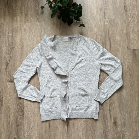 Women’s Gray Angora Blend Ruffle Cardigan with Abalone shell buttons - Picture 1 of 7